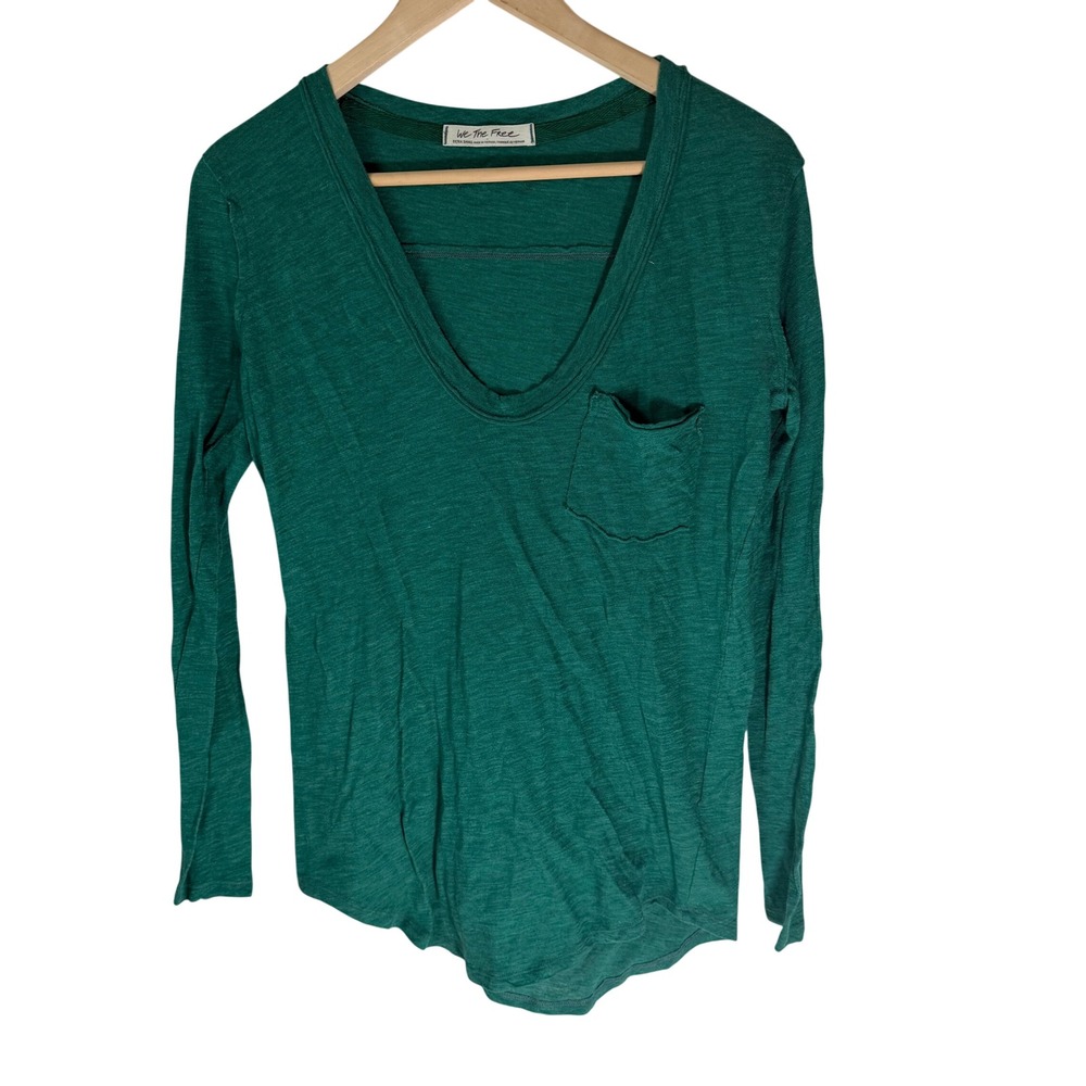 We The Free Betty‎ Forest Green Scoop Neck Long Sleeve Pocket Tee OB933514 XS